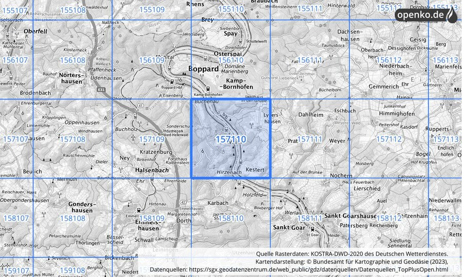 Übersichtskarte des KOSTRA-DWD-2020-Rasterfeldes Nr. 157110