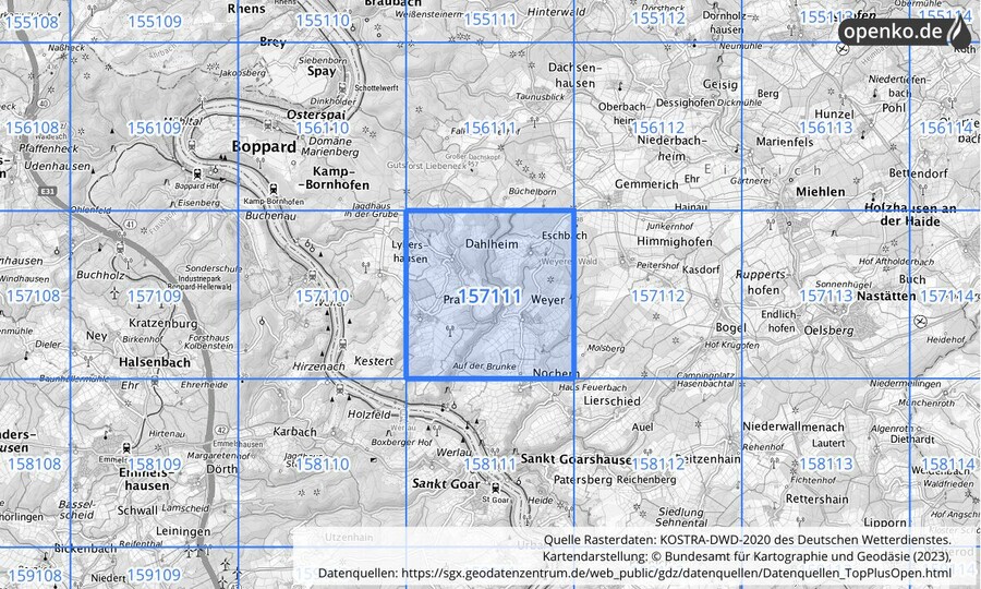 Übersichtskarte des KOSTRA-DWD-2020-Rasterfeldes Nr. 157111