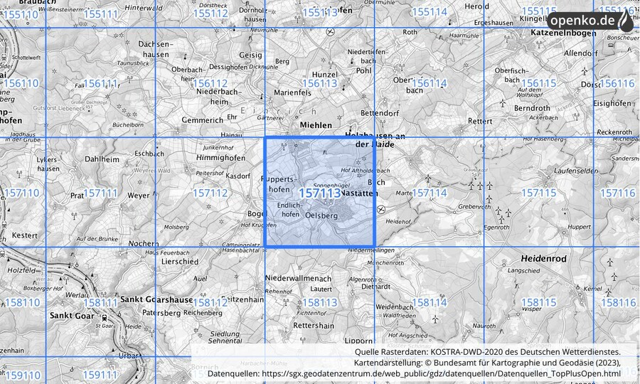 Übersichtskarte des KOSTRA-DWD-2020-Rasterfeldes Nr. 157113