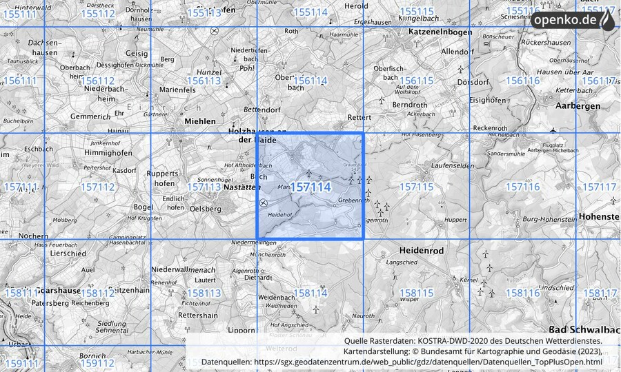 Übersichtskarte des KOSTRA-DWD-2020-Rasterfeldes Nr. 157114