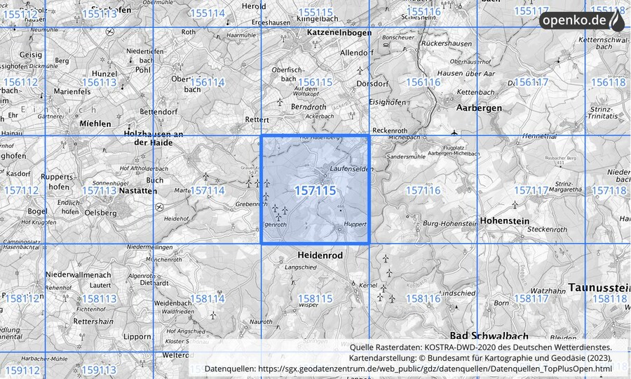 Übersichtskarte des KOSTRA-DWD-2020-Rasterfeldes Nr. 157115