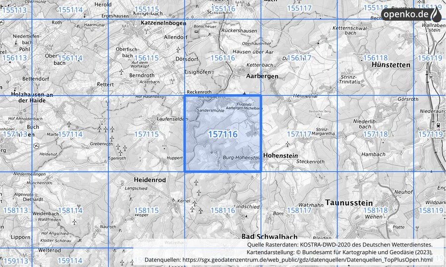 Übersichtskarte des KOSTRA-DWD-2020-Rasterfeldes Nr. 157116