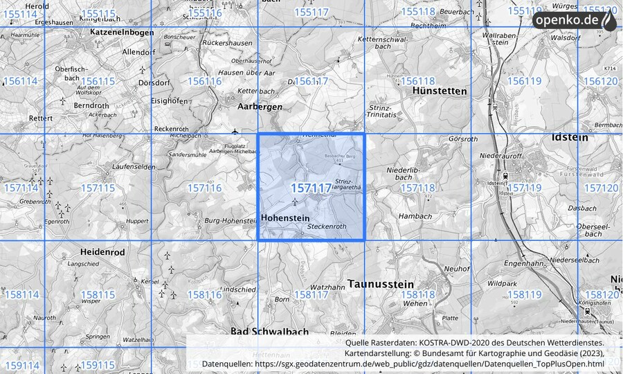 Übersichtskarte des KOSTRA-DWD-2020-Rasterfeldes Nr. 157117