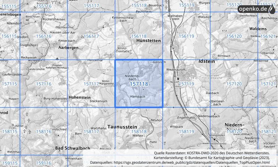 Übersichtskarte des KOSTRA-DWD-2020-Rasterfeldes Nr. 157118