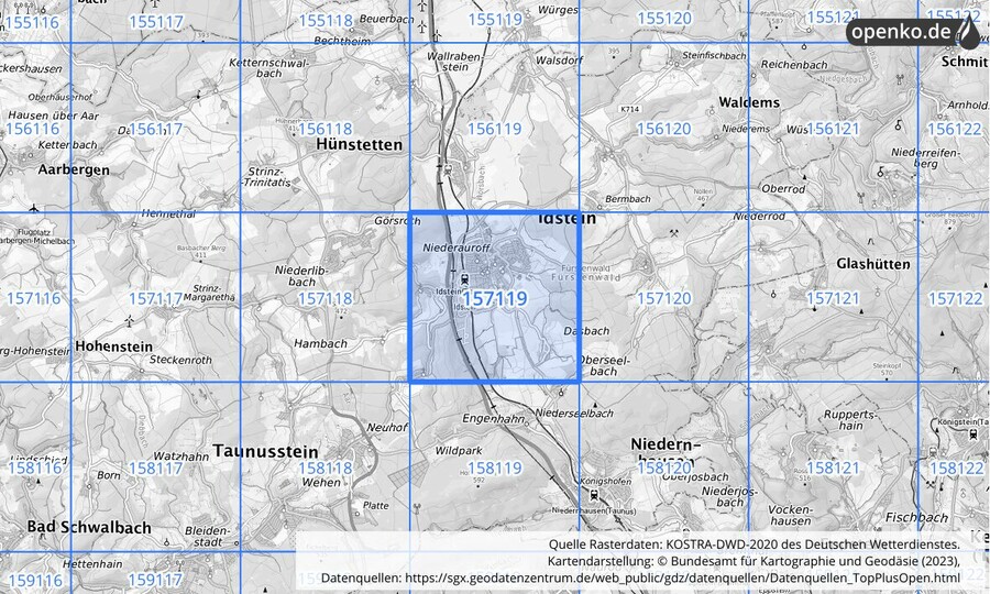 Übersichtskarte des KOSTRA-DWD-2020-Rasterfeldes Nr. 157119