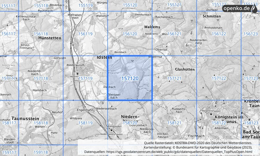 Übersichtskarte des KOSTRA-DWD-2020-Rasterfeldes Nr. 157120