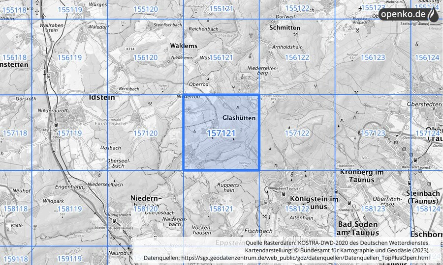 Übersichtskarte des KOSTRA-DWD-2020-Rasterfeldes Nr. 157121