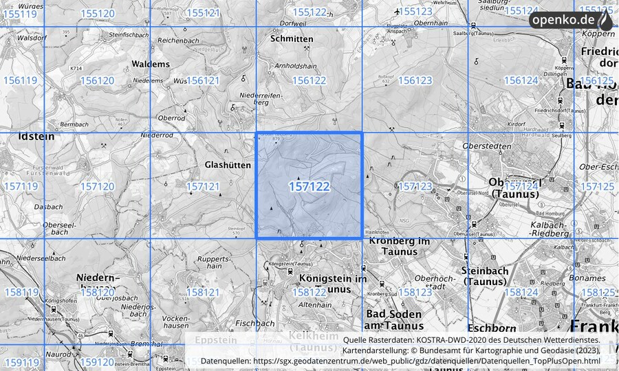 Übersichtskarte des KOSTRA-DWD-2020-Rasterfeldes Nr. 157122