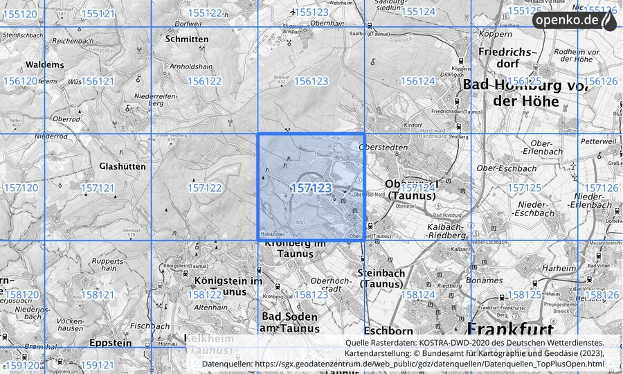 Übersichtskarte des KOSTRA-DWD-2020-Rasterfeldes Nr. 157123