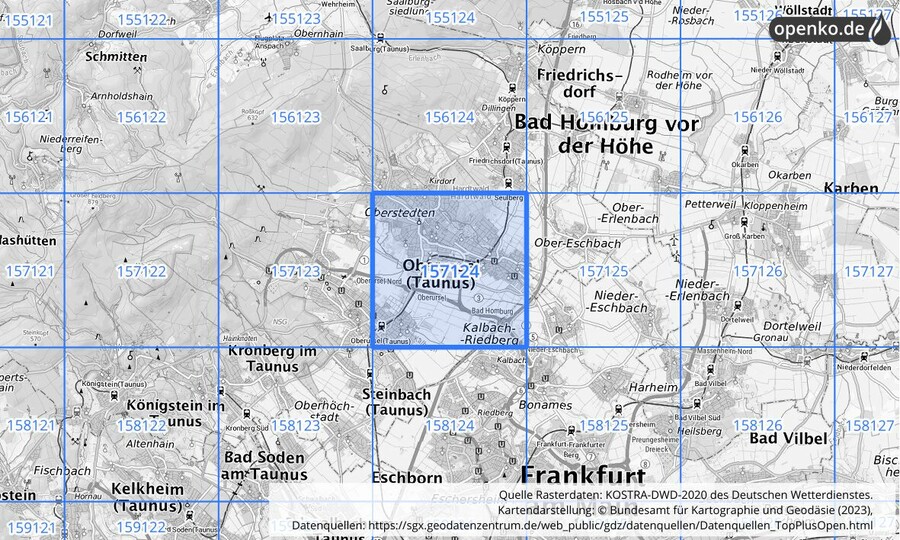 Übersichtskarte des KOSTRA-DWD-2020-Rasterfeldes Nr. 157124