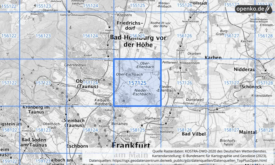 Übersichtskarte des KOSTRA-DWD-2020-Rasterfeldes Nr. 157125