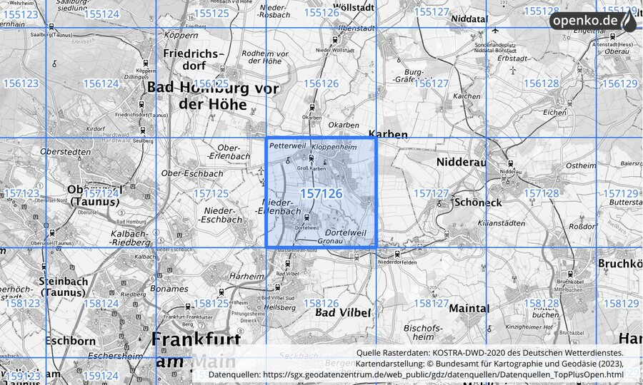 Übersichtskarte des KOSTRA-DWD-2020-Rasterfeldes Nr. 157126