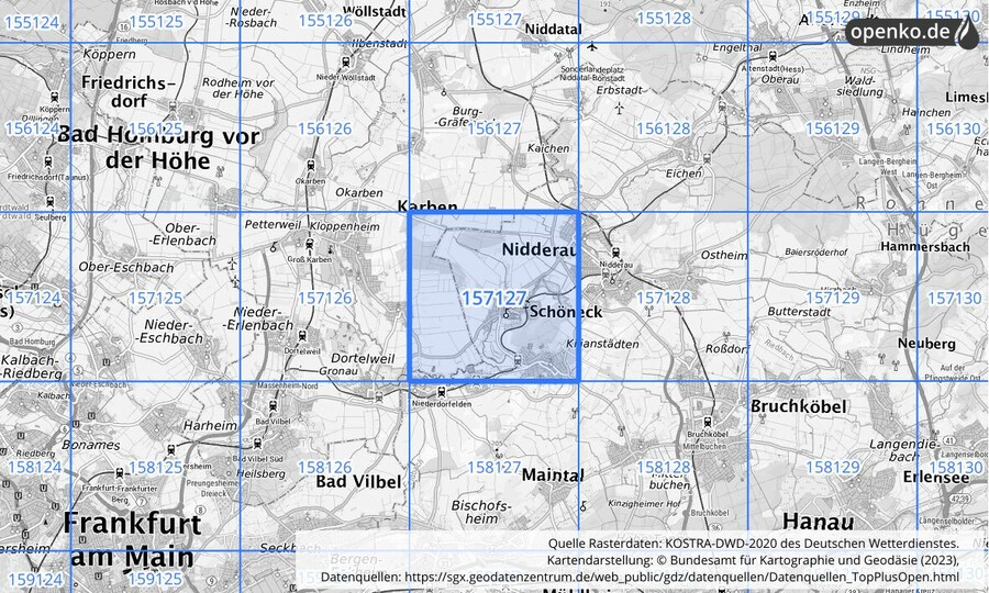 Übersichtskarte des KOSTRA-DWD-2020-Rasterfeldes Nr. 157127