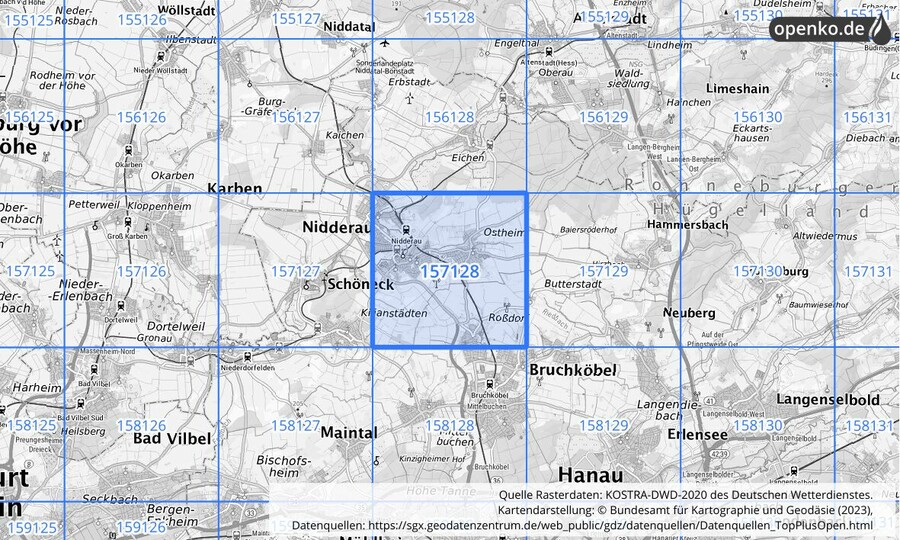 Übersichtskarte des KOSTRA-DWD-2020-Rasterfeldes Nr. 157128