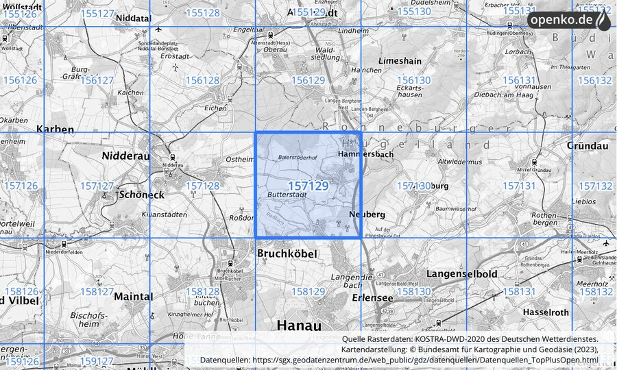 Übersichtskarte des KOSTRA-DWD-2020-Rasterfeldes Nr. 157129