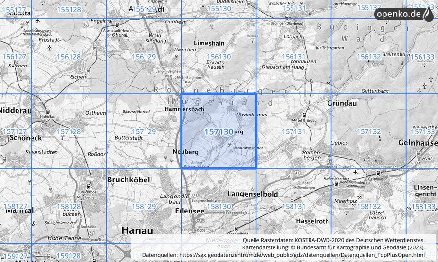 Übersichtskarte des KOSTRA-DWD-2020-Rasterfeldes Nr. 157130