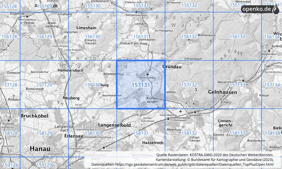 Übersichtskarte des KOSTRA-DWD-2020-Rasterfeldes Nr. 157131