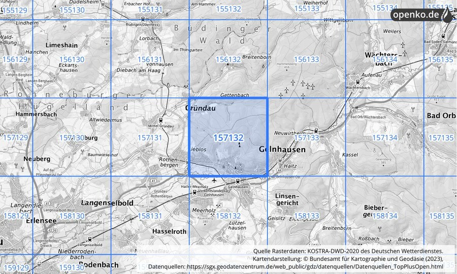 Übersichtskarte des KOSTRA-DWD-2020-Rasterfeldes Nr. 157132