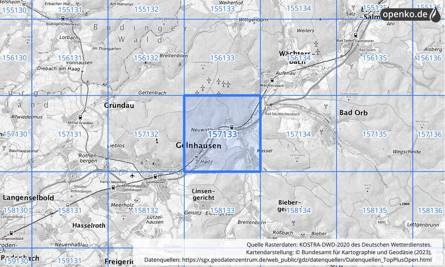 Übersichtskarte des KOSTRA-DWD-2020-Rasterfeldes Nr. 157133