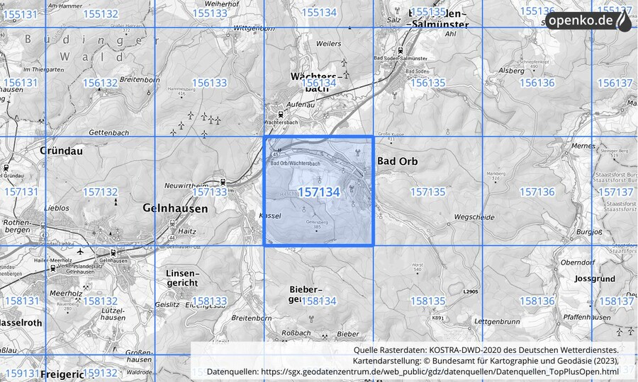 Übersichtskarte des KOSTRA-DWD-2020-Rasterfeldes Nr. 157134