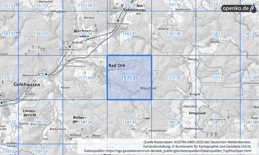 Übersichtskarte des KOSTRA-DWD-2020-Rasterfeldes Nr. 157135