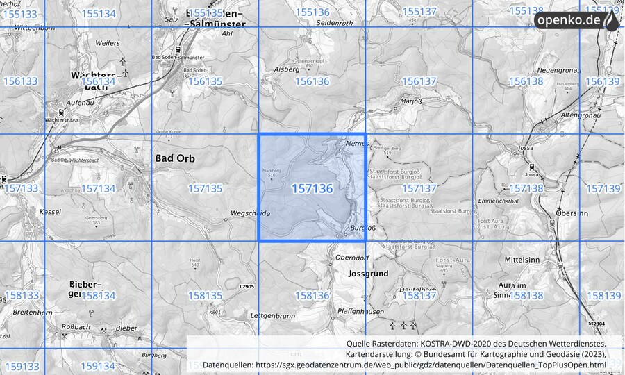 Übersichtskarte des KOSTRA-DWD-2020-Rasterfeldes Nr. 157136