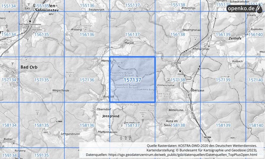 Übersichtskarte des KOSTRA-DWD-2020-Rasterfeldes Nr. 157137