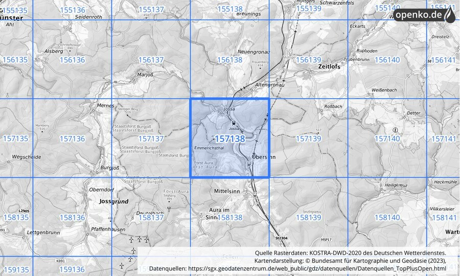 Übersichtskarte des KOSTRA-DWD-2020-Rasterfeldes Nr. 157138