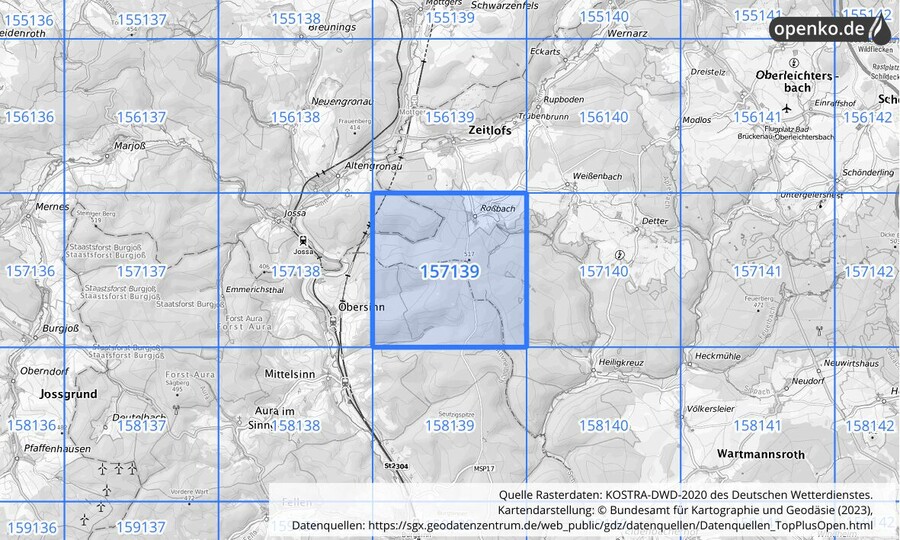 Übersichtskarte des KOSTRA-DWD-2020-Rasterfeldes Nr. 157139