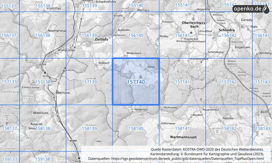 Übersichtskarte des KOSTRA-DWD-2020-Rasterfeldes Nr. 157140