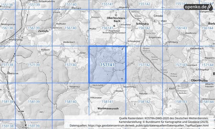 Übersichtskarte des KOSTRA-DWD-2020-Rasterfeldes Nr. 157141