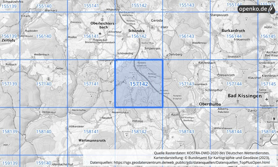 Übersichtskarte des KOSTRA-DWD-2020-Rasterfeldes Nr. 157142