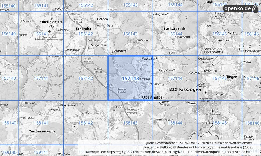 Übersichtskarte des KOSTRA-DWD-2020-Rasterfeldes Nr. 157143