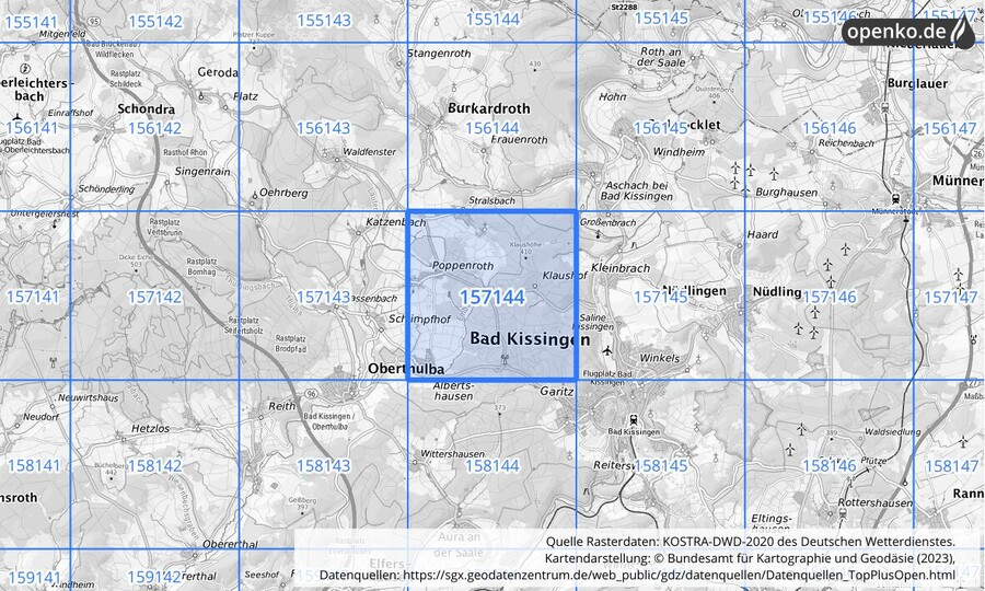Übersichtskarte des KOSTRA-DWD-2020-Rasterfeldes Nr. 157144