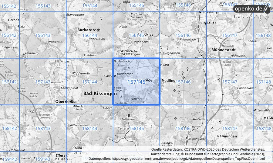 Übersichtskarte des KOSTRA-DWD-2020-Rasterfeldes Nr. 157145