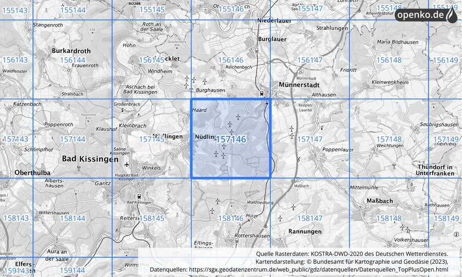 Übersichtskarte des KOSTRA-DWD-2020-Rasterfeldes Nr. 157146