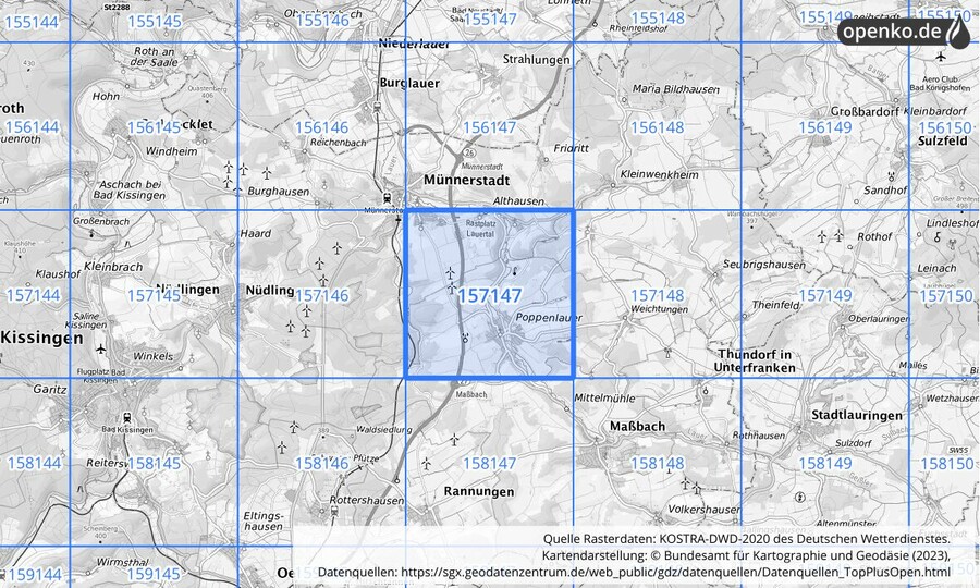 Übersichtskarte des KOSTRA-DWD-2020-Rasterfeldes Nr. 157147