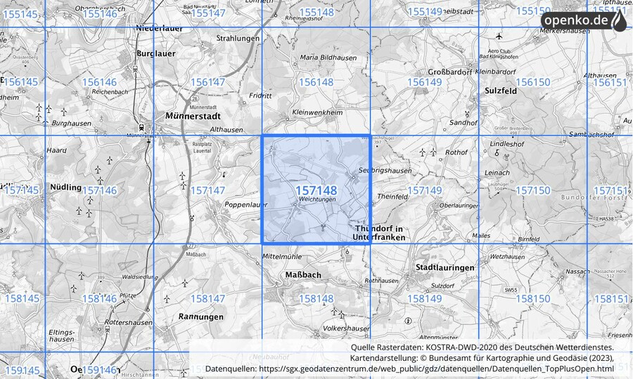 Übersichtskarte des KOSTRA-DWD-2020-Rasterfeldes Nr. 157148