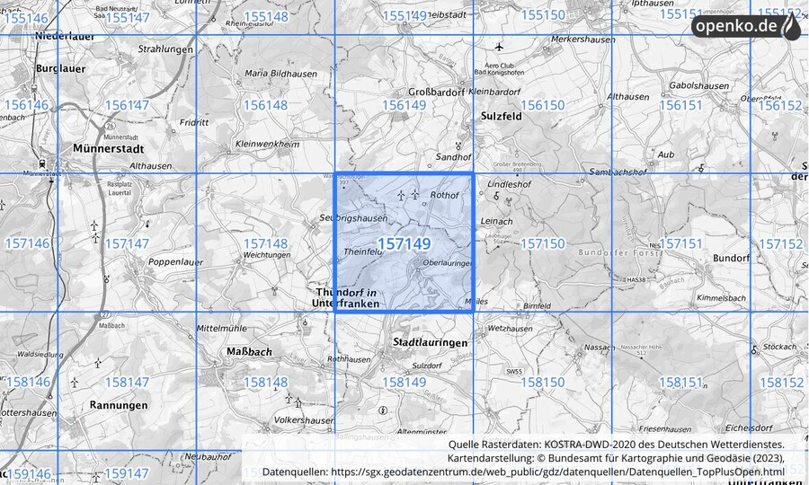 Übersichtskarte des KOSTRA-DWD-2020-Rasterfeldes Nr. 157149