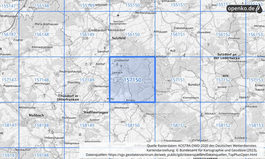 Übersichtskarte des KOSTRA-DWD-2020-Rasterfeldes Nr. 157150