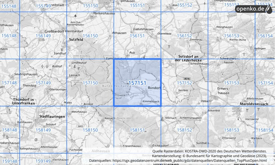 Übersichtskarte des KOSTRA-DWD-2020-Rasterfeldes Nr. 157151