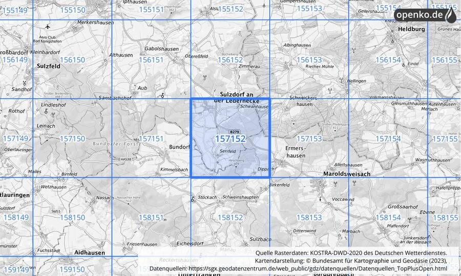 Übersichtskarte des KOSTRA-DWD-2020-Rasterfeldes Nr. 157152