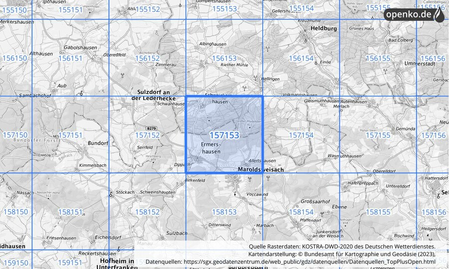 Übersichtskarte des KOSTRA-DWD-2020-Rasterfeldes Nr. 157153