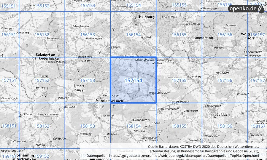 Übersichtskarte des KOSTRA-DWD-2020-Rasterfeldes Nr. 157154