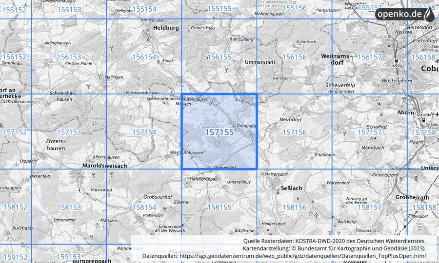 Übersichtskarte des KOSTRA-DWD-2020-Rasterfeldes Nr. 157155