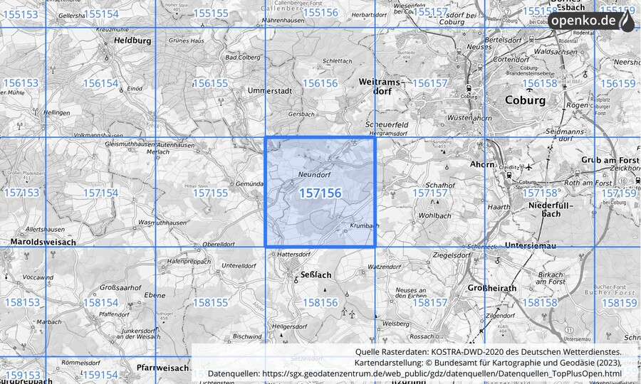 Übersichtskarte des KOSTRA-DWD-2020-Rasterfeldes Nr. 157156