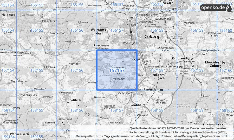 Übersichtskarte des KOSTRA-DWD-2020-Rasterfeldes Nr. 157157