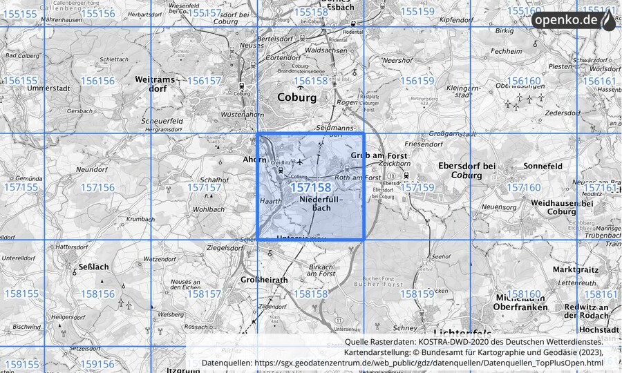 Übersichtskarte des KOSTRA-DWD-2020-Rasterfeldes Nr. 157158