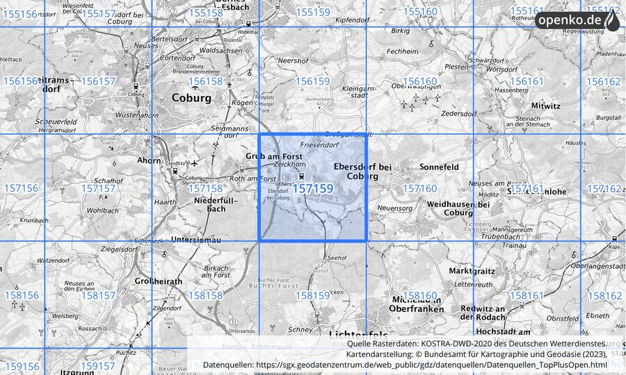 Übersichtskarte des KOSTRA-DWD-2020-Rasterfeldes Nr. 157159