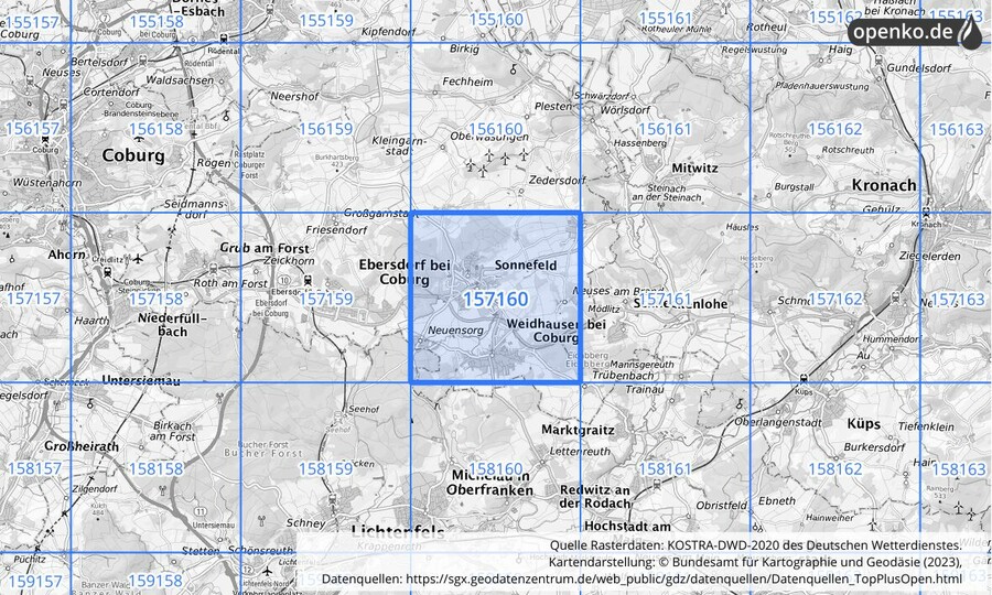 Übersichtskarte des KOSTRA-DWD-2020-Rasterfeldes Nr. 157160